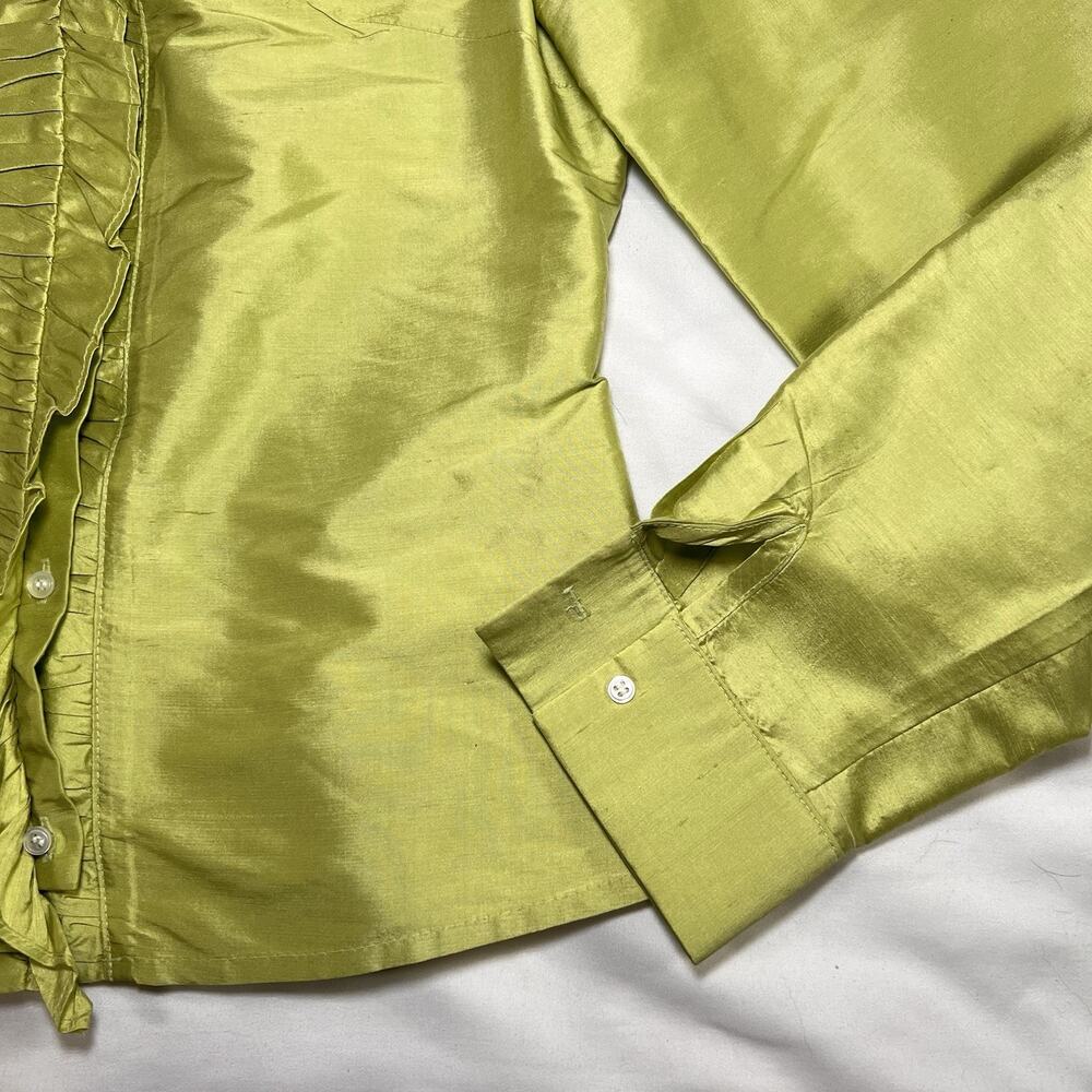 J. McLaughlin 100% Silk Shirt Size 4 Green Ruffle Neck Front Button Long Sleeve - Picture 7 of 12
